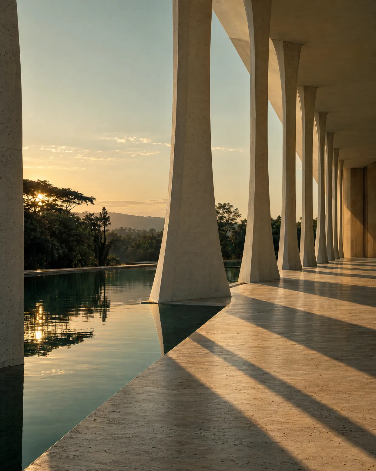Imagem ilustrativa: colunata modernista em concreto claro à beira de um espelho d'água, ao entardecer